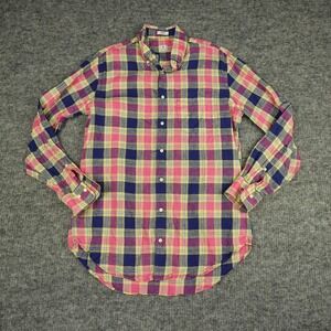 Peter Millar Shirt Mens Medium Blue Yellow Plaid 100% Linen Long Sleeve‎ Casual